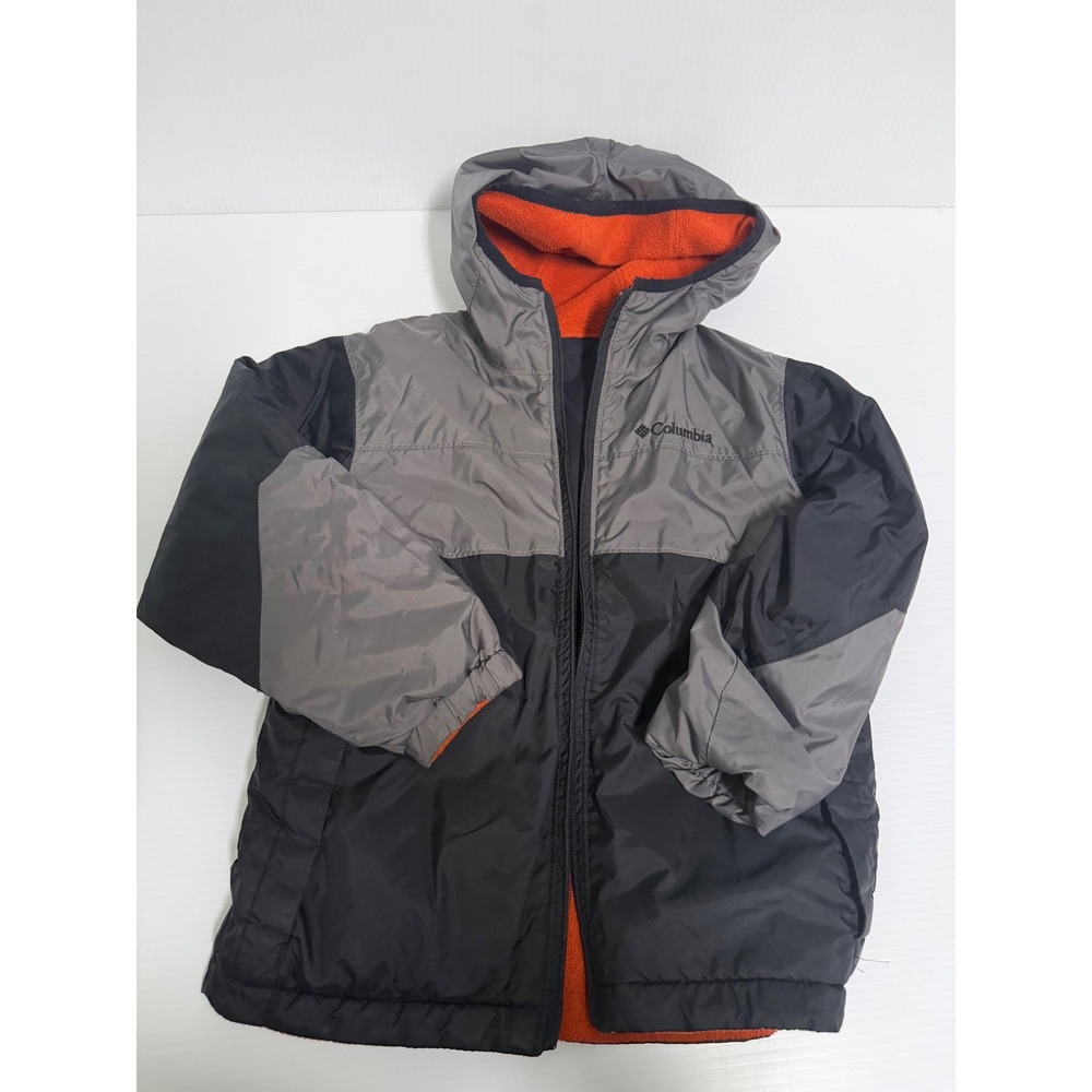 Columbia Youth Reversible Hooded Jacket Black Grey Orange Fleece Size 6/7
